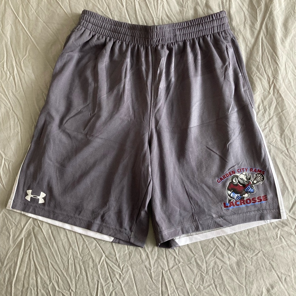 Under Armour, boys YLG, grey elastic band, Lacrosse shorts (Garden City Rams)
